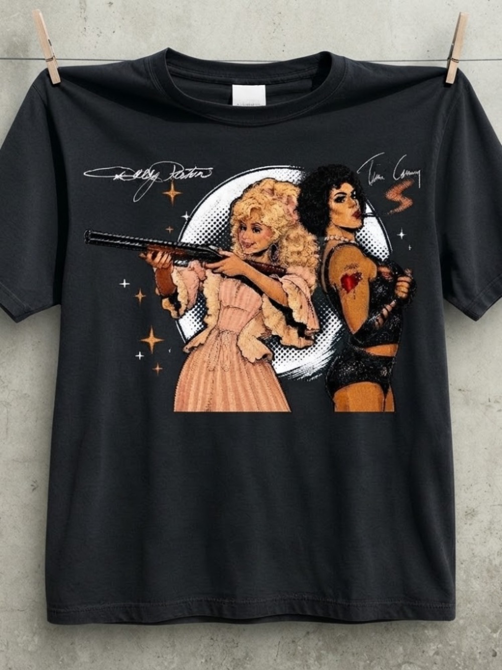 Dolly Parton Frank N Furter Rocky Horror Picture Show Vintage Black T-Shirt